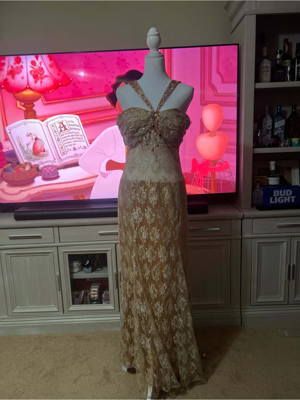 Sheer Gold Lace Nightgown with Beaded Straps